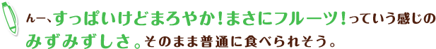 んー、すっぱいけどまろやか!まさにフルーツ!っていう感じのみずみずしさ。そのまま普通に食べられそう。