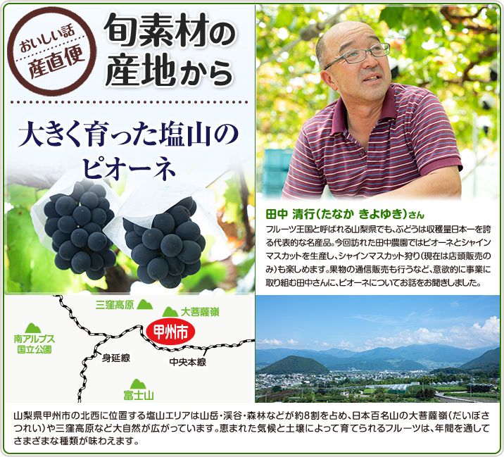旬素材の産地から 大きく育った塩山のピオーネ 田中 清行(たなか きよゆき)さん フルーツ王国と呼ばれる山梨県でも、ぶどうは収穫量日本一を誇る代表的な名産品。今回訪れた田中農園ではピオーネとシャインマスカットを生産し、シャインマスカット狩り(現在は店頭販売のみ)も楽しめます。果物の通信販売も行うなど、意欲的に事業に取り組む田中さんに、ピオーネについてお話をお聞きしました。